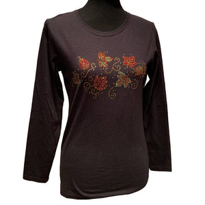 New Hand Printed Small Cotton Rhinestone Fall Autumn Leaf Long Sleeve Black Tee