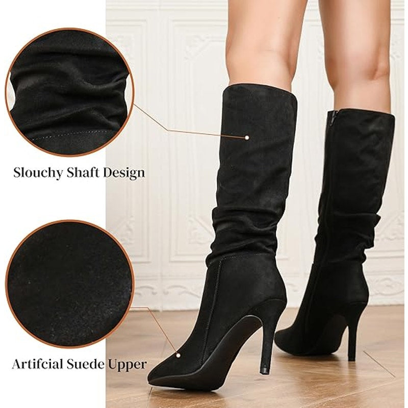 Womens Size 6.5 Black Faux Suede Slouch Stiletto Heel Knee High Pointy Toe Boots