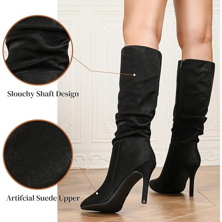 Womens Size 6.5 Black Faux Suede Slouch Stiletto Heel Knee High Pointy Toe Boots