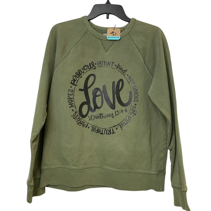 Upcycled Hand Printed Womens Medium Green Love 1 Corinthains 13:4-8 Sweatshirt