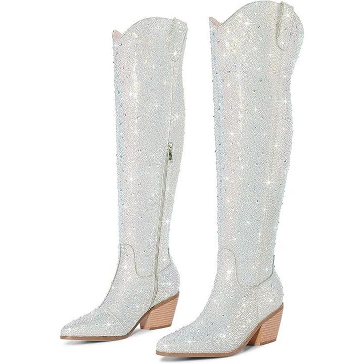 Ronilurn Womens Size 7 Silver Rhinestone Over the Knee 3" Heel Cowboy Boot Shoes