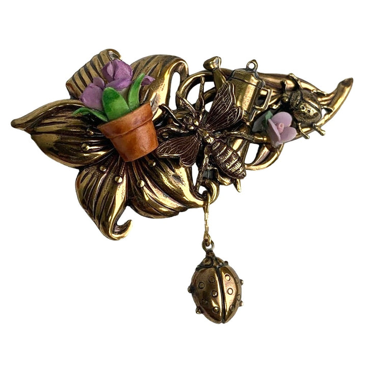 Vintage Ladybug Gardening Ceramic Flower Pot Violet Metal Pin Brooch w Gift Box