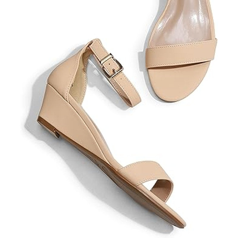 Dream Pairs Womens Size 7.5 Tan Open Toe 2" Low Wedge Ankle Strap Sandal Shoes