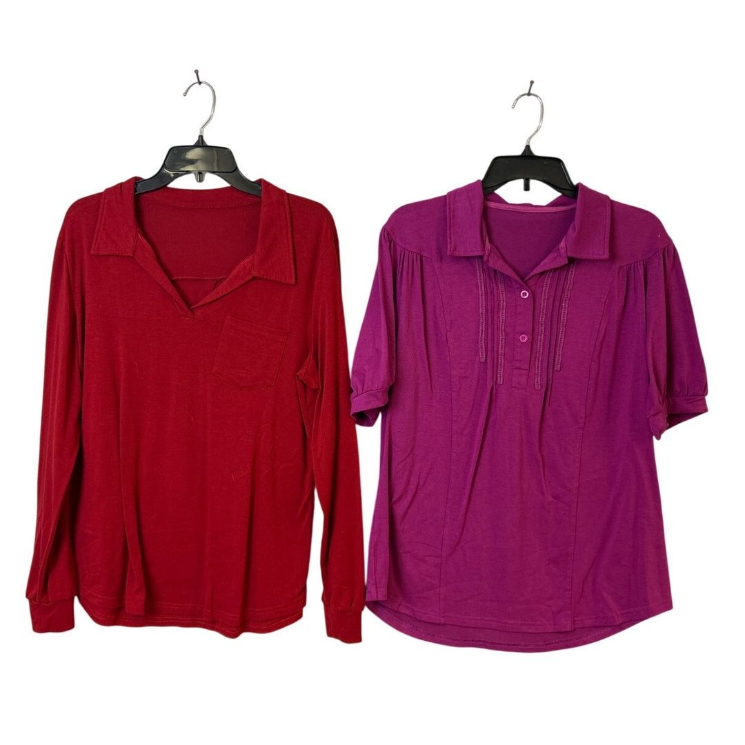 Lot of 2 Womens Large Red Magenta Long Short Sleeve Collared Henley V Neck Tops