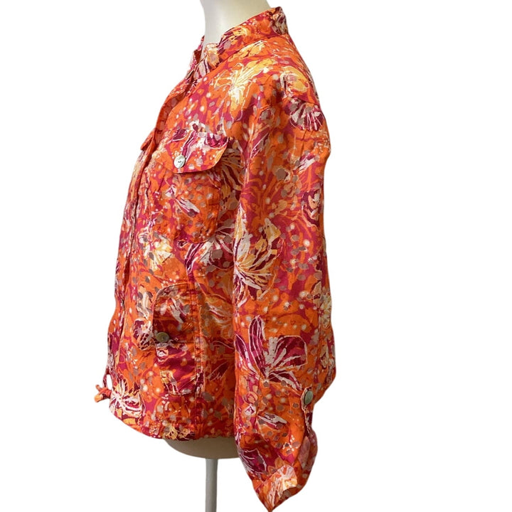 Ruby Rd Womens Plus Size 14 Linen Blend Floral Partially Sheer Button Blouse