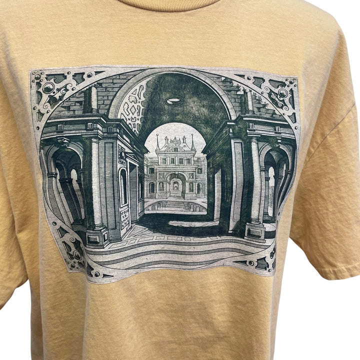 Hand Printed Mens XL Upcycled Architecture Columns Castle Short Sleeve Tee Shirt
