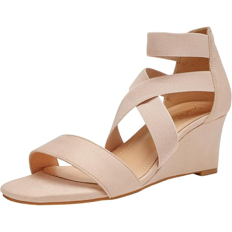 Dream Pairs Womens 8 Tan Faux Suede Elastic Ankle Strap 2.5" Wedge Heel Shoes