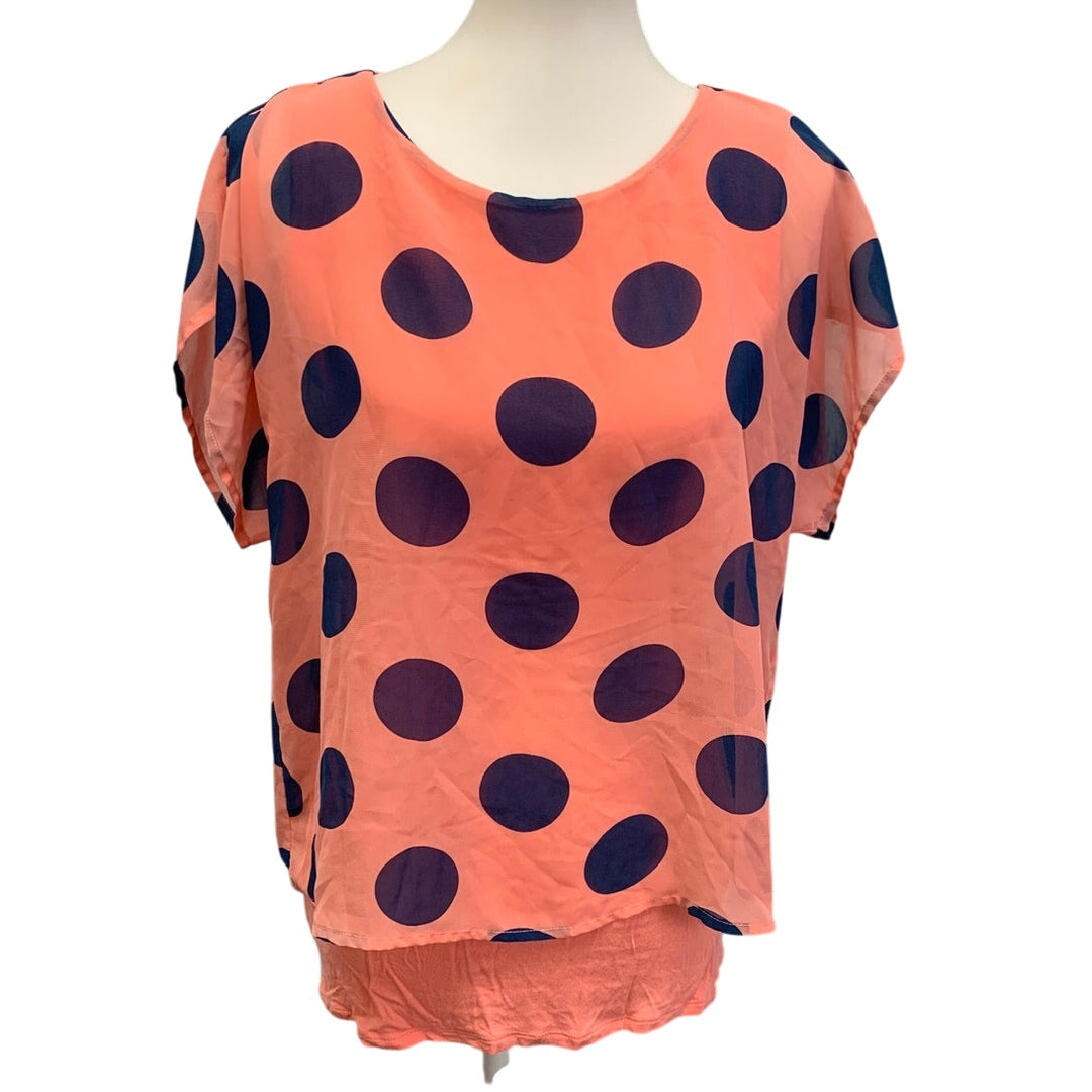 Charlie Womens Small Polka Dot Flowy Layered PolyBlend Short Sleeve Blouse Top