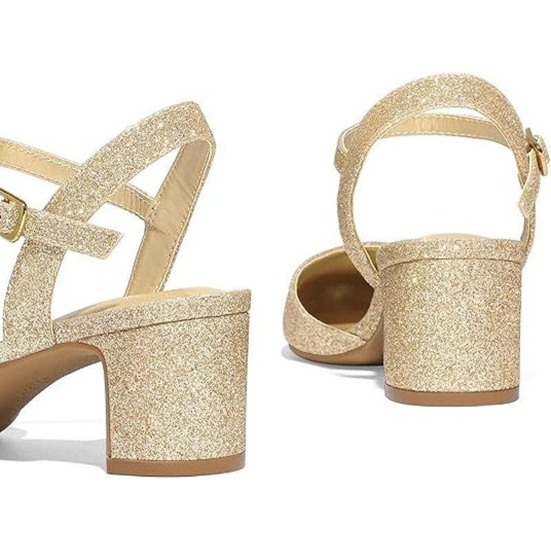 New Mysoft Womens 10 Gold Glitter Pointy Toe 2.5" Block Heel Ankle Strap Shoes