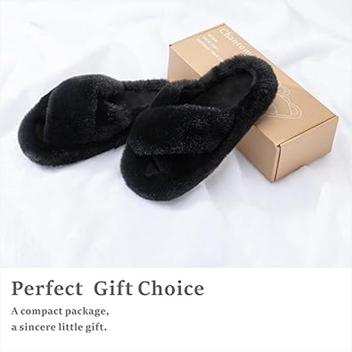 New Chantomoo Womens Size 8 Black Furry Memory Foam Open Toe Slide On Slippers
