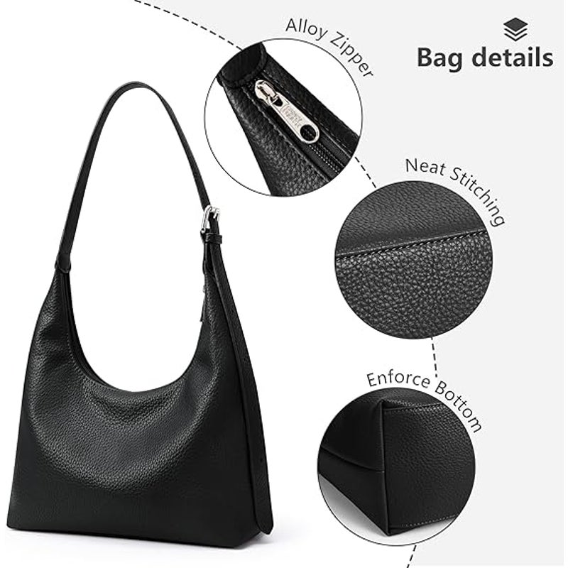 Kalidi Womens Black Faux Leather Adjustable Strap Zipper Close Crescent Tote Bag