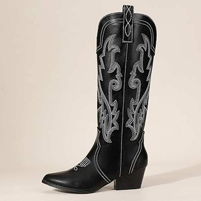 Idifu Womens Size 7 Black Faux Leather Embroidered 2.5" Block Heel Cowboy Boots