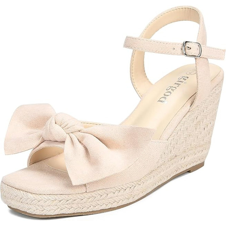 Girgod Womens Size 9 Pink Tan 3.5" Wedge Sandal Bow Ankle Strap Open Toe Shoes