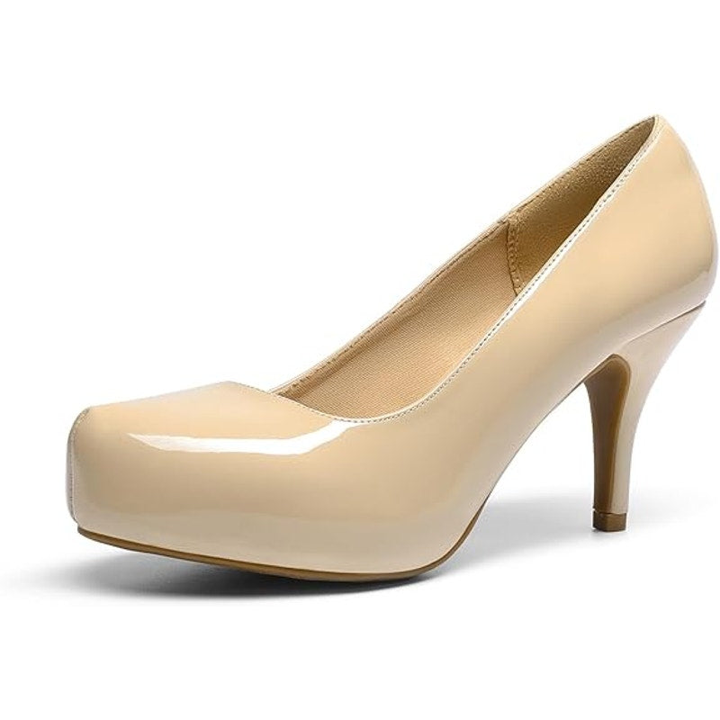 Dream Pairs Womens Size 8 Shiny Tan Closed Toe 3" Heel Slide On Platform Shoes