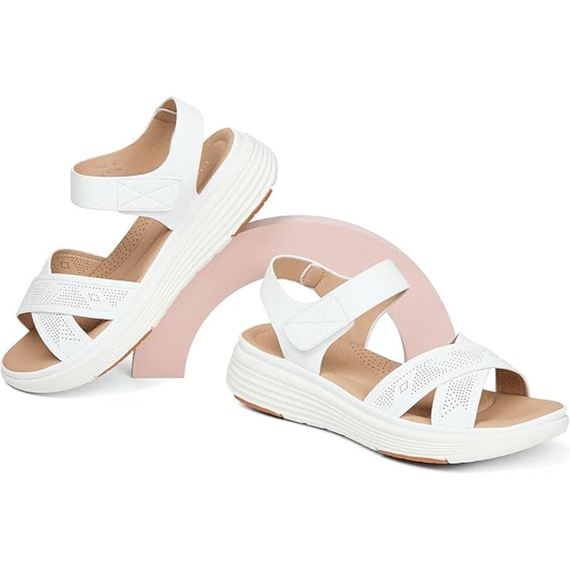 Ubfen Womens 5.5 White Faux Leather Hook Loop Open Toe 1.5" High Walking Sandals