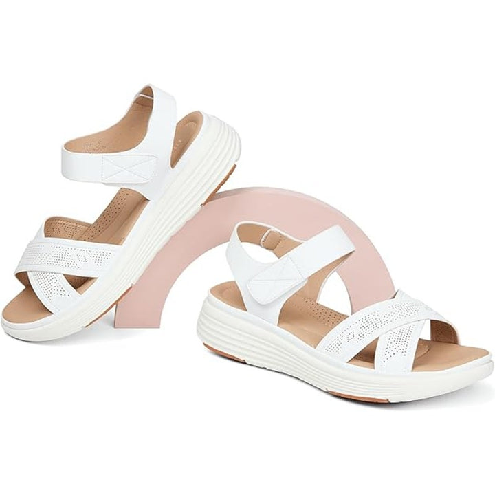 Ubfen Womens 5.5 White Faux Leather Hook Loop Open Toe 1.5" High Walking Sandals