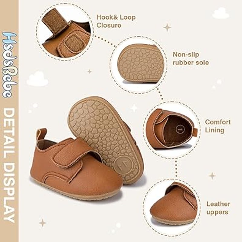 HsdsBebe Baby Boys 12-18 Months Brown Sneakers Hook &amp; Loop Closure Oxford Shoes