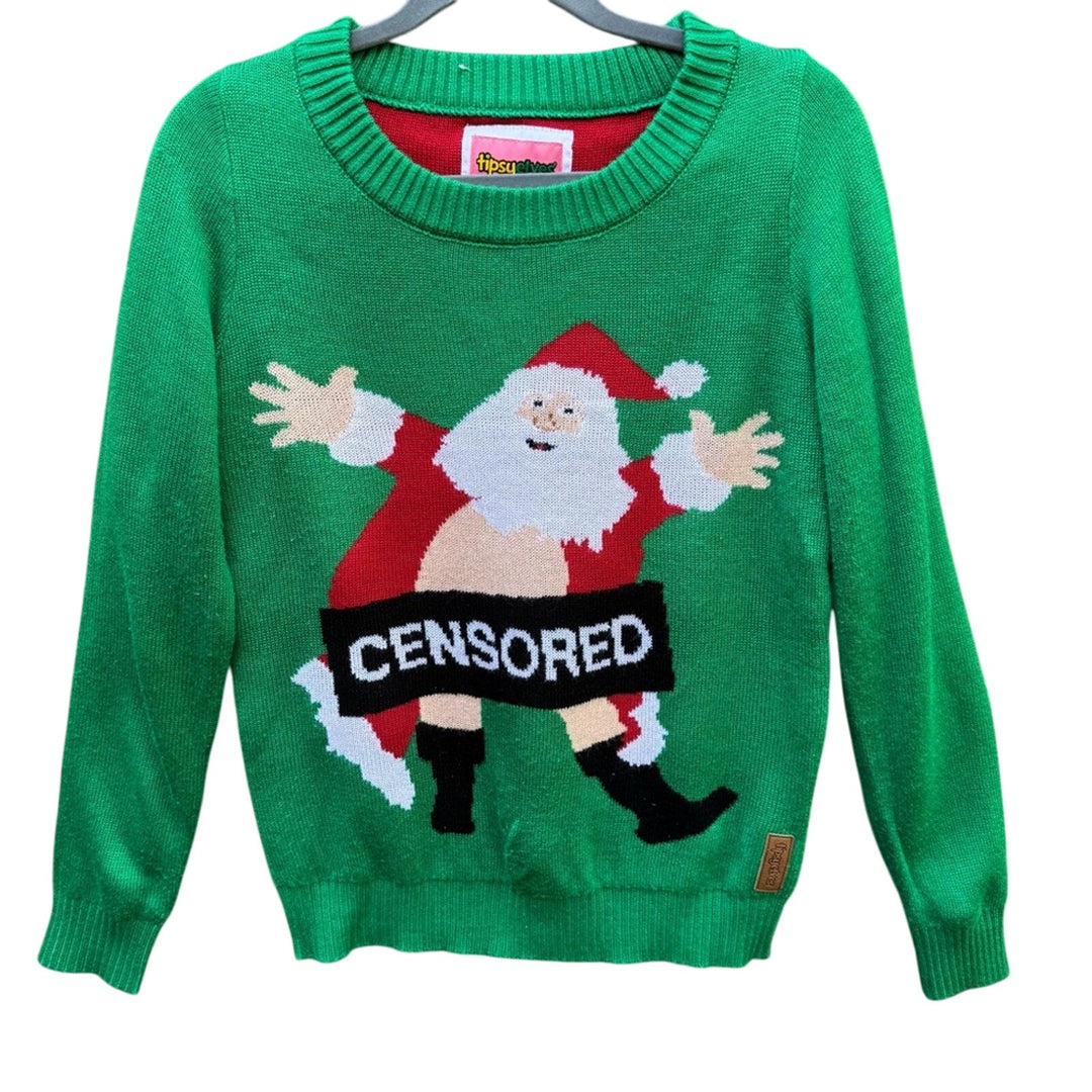 Tipsy Elves Womens Medium Ugly Christmas Lewd Censored Santa Knit Sweater