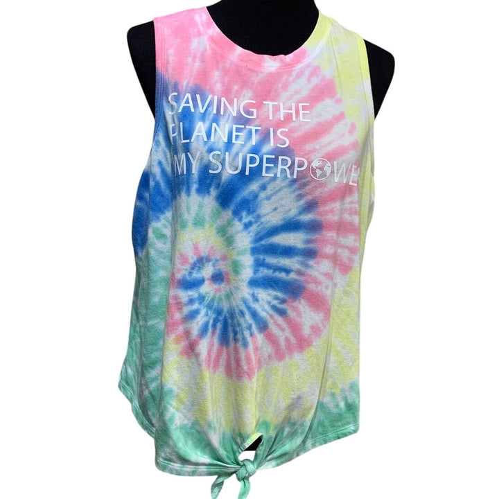 Hand Printed Upcycled Child XXL Saving the Planet is My Superpower Tank Top