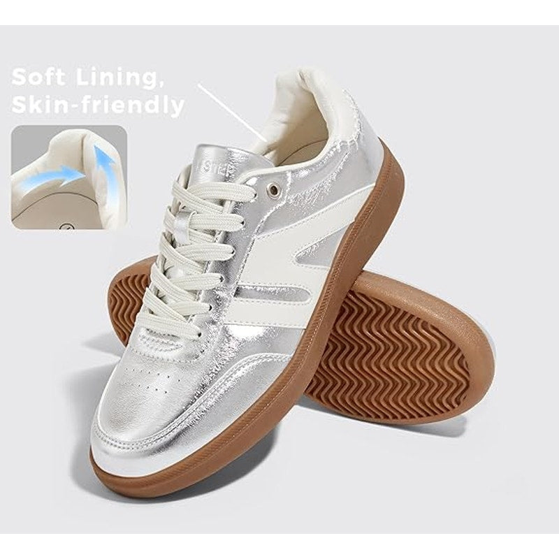New Lucky Step Womens 8 Silver Lace Up Classic Retro Gum Sole Fashion Sneakers