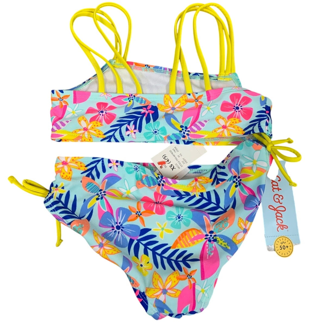 New Cat &amp; Jack Girls XS (4/5) UPF 50+ Blue Pink Floral Bikini 2PC Swimsuit