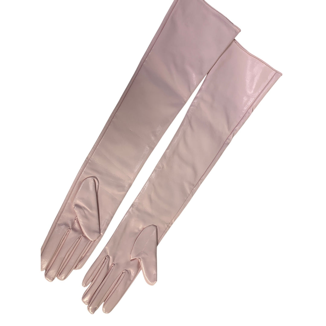 Womens Light Pastel Pink Vintage Vinyl Cloth Lined Arm Length Ballroom Gloves
