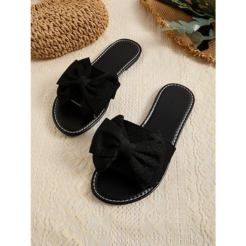 New GorgGlitter Womens Size 11 Black Slip On Slide Sandal Open Toe Bow Shoes