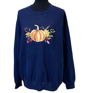 Hand Printed Large Upcycled Pumpkin Autumn Fall Flower Long Sleeve Sweatshirt