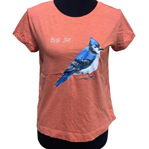 Wingspan Inspired Womens Small Watercolor Blue Jay Hand Printed Upcycled Tee