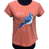 Wingspan Inspired Womens Small Watercolor Blue Jay Hand Printed Upcycled Tee