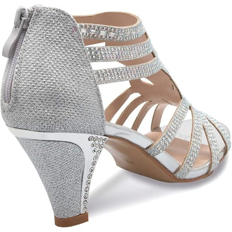 New Forever Olivia K Womens Size 7.5 Silver Glitter Open Toe 3" Rhinestone Heels
