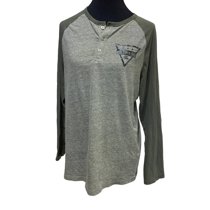 Express Mens Large 1/4 Button Long Sleeve Cotton Blend Baseball Raglan Tee Shirt