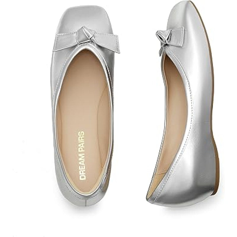 Dream Pairs Womens Size 7 Shiny Silver Bow Slip On Closed Toe Ballet Flats Shoes