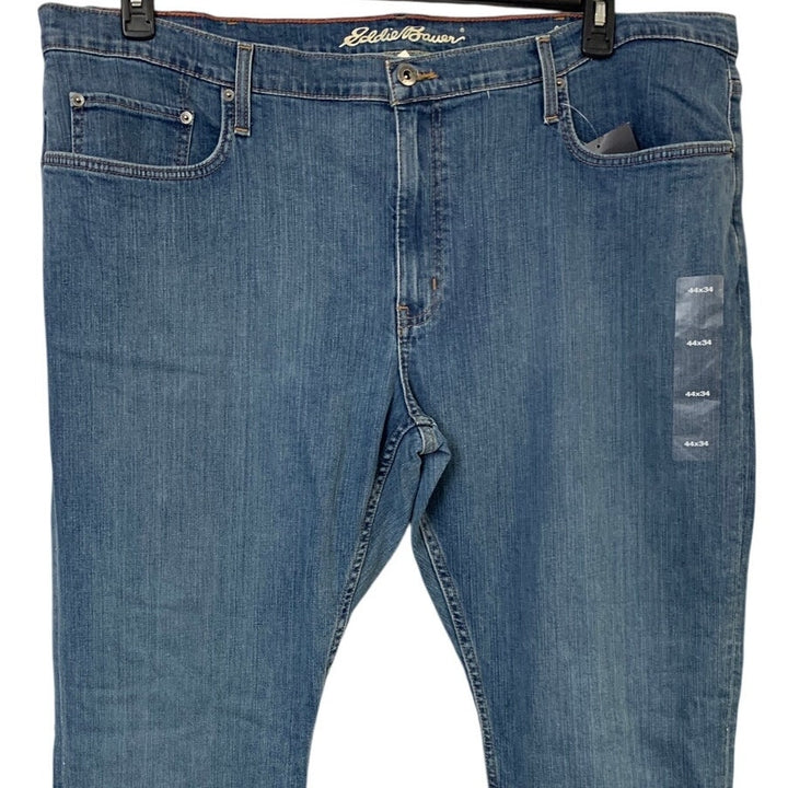 New Eddie Bauer Mens Size 44/34 Dusty Blue H2Low Flex Straight Fit Denim Jeans