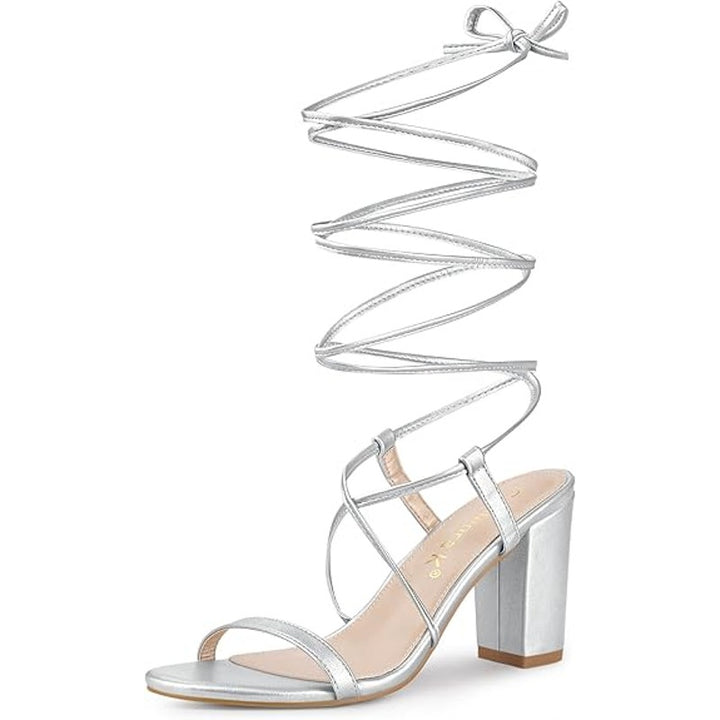 Allegra K Womens Size 9 Silver 3.5" Chunky Heel Lace Up Open Round Toe Shoes