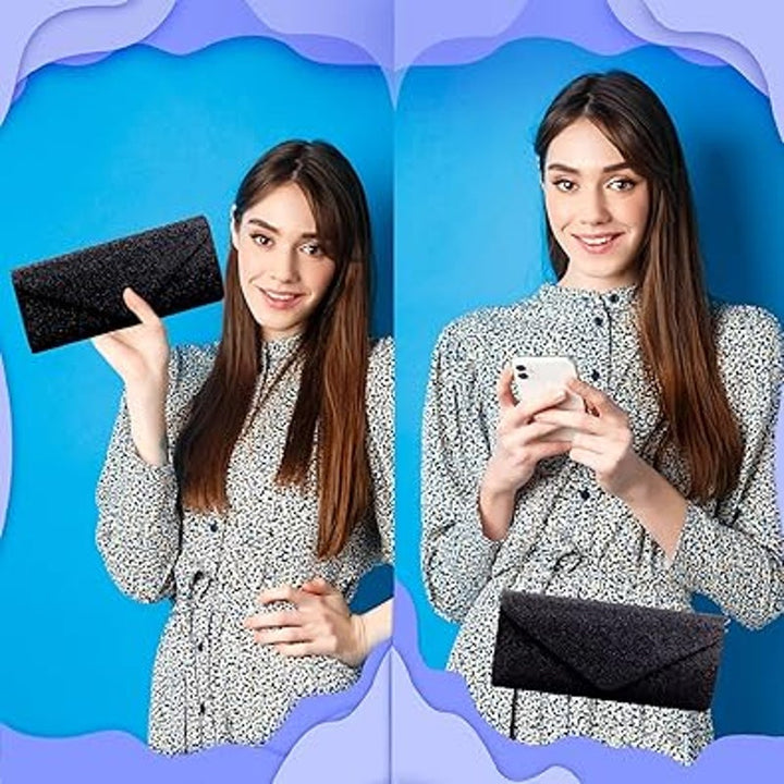 New Small Shiny Black Fabric Envelope Clutch Purse W Optional Shoulder Chain