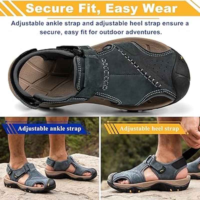 New Mens 8 Blue Faux Leather Hook Loop Closed Toe Hiking Walking Sandal Shoes