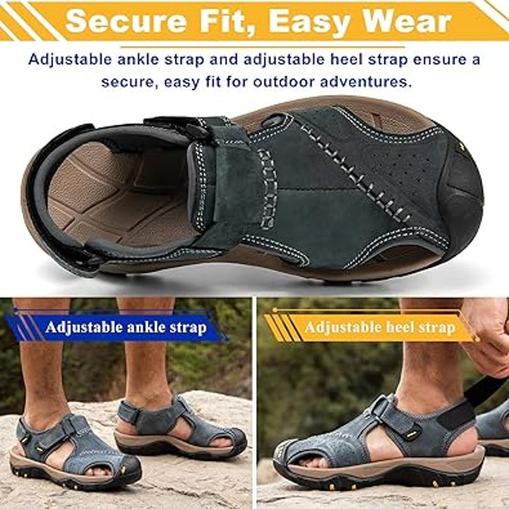 New Mens 8 Blue Faux Leather Hook Loop Closed Toe Hiking Walking Sandal Shoes