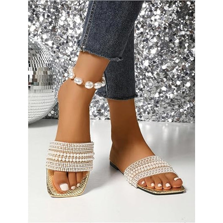 Gorglitter Womens 10.5 Gold Pearl Slip On Open Toe Wide Strap Flat Sandal Shoes