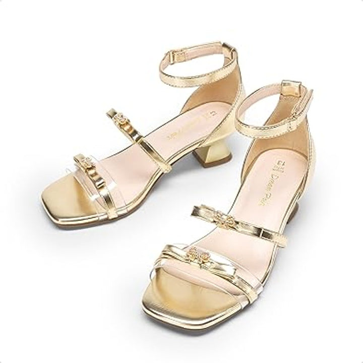 Dream Pairs Big Girls Size 5 Shiny Gold Rhinestone Bow 1.5" Heel Wedding Shoes