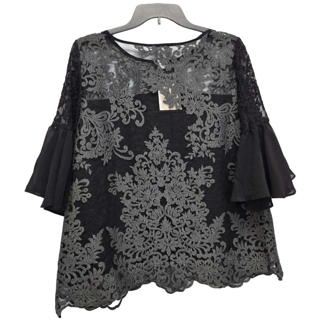 New Carmen Marc Valvo Womens Medium Nylon Lace Overlay Half Bell Sleeve Blouse