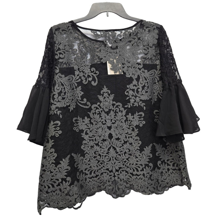 New Carmen Marc Valvo Womens Medium Nylon Lace Overlay Half Bell Sleeve Blouse