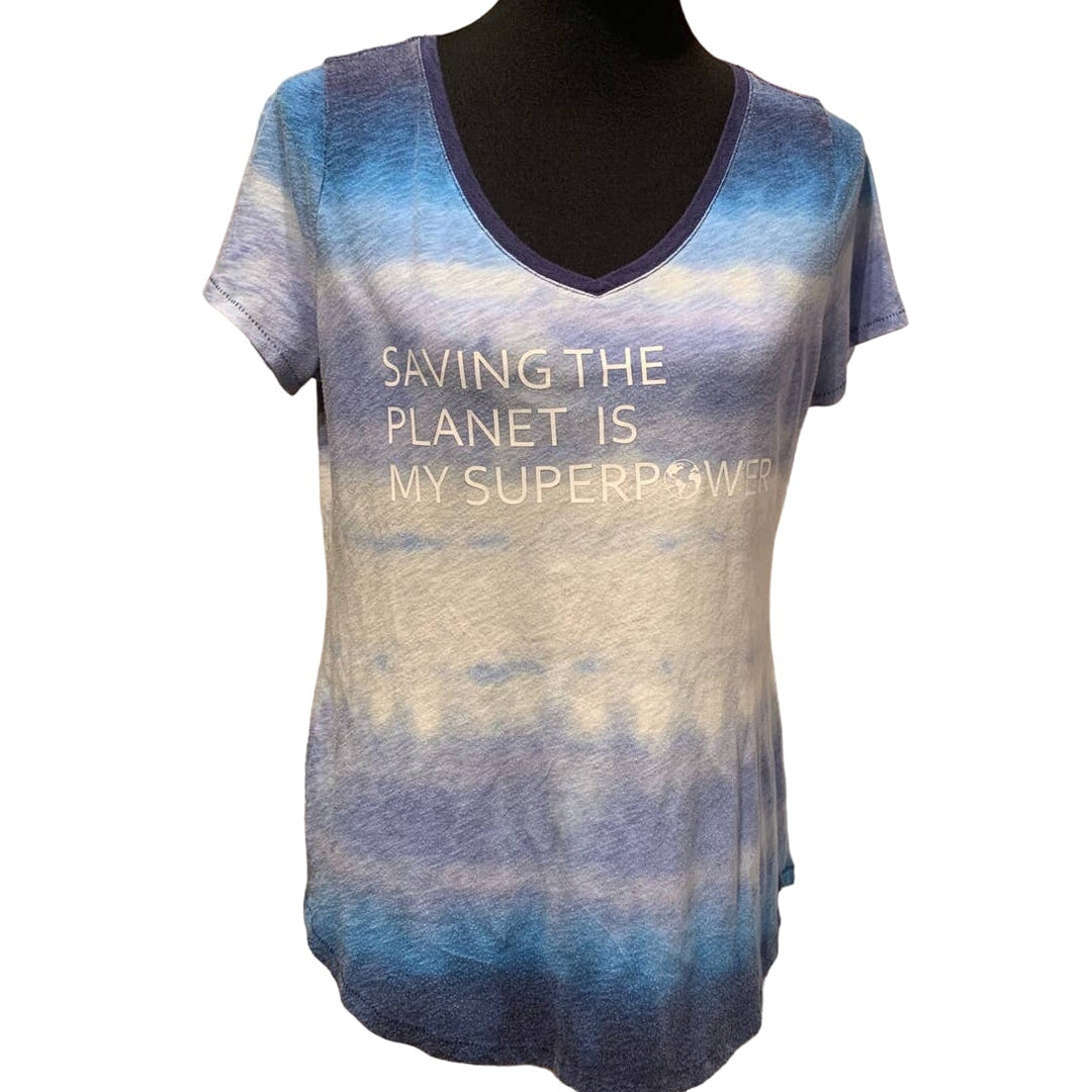 Hand Printed Upcycled Womens Medium Saving the Planet is My Superpower T-Shirt