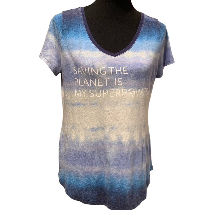 Hand Printed Upcycled Womens Medium Saving the Planet is My Superpower T-Shirt