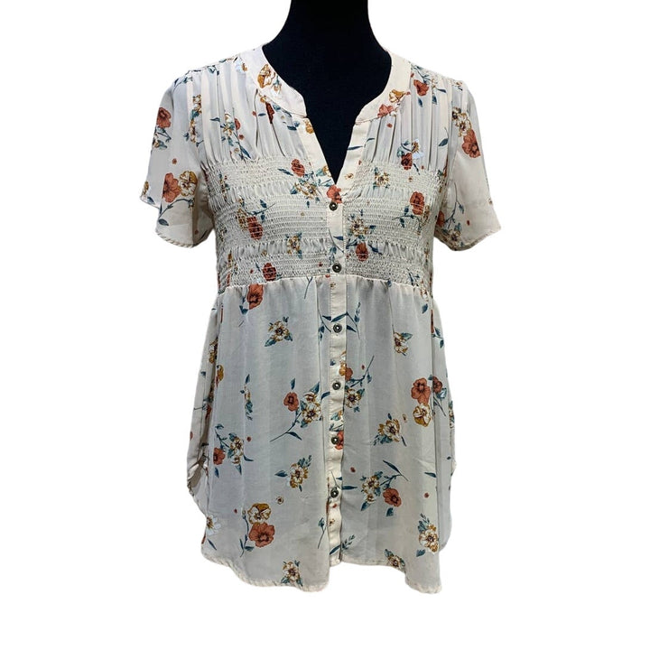 Knox Rose Medium Lightweight Floral Flowy Hi Low Button Down Smocked Blouse