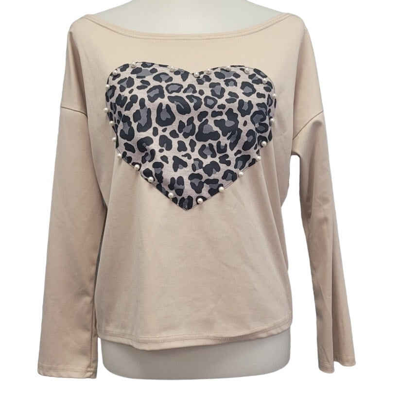 CBR Womens Small PolyCotton Long Sleeve Pearl Beads Leopard Print Heart Top