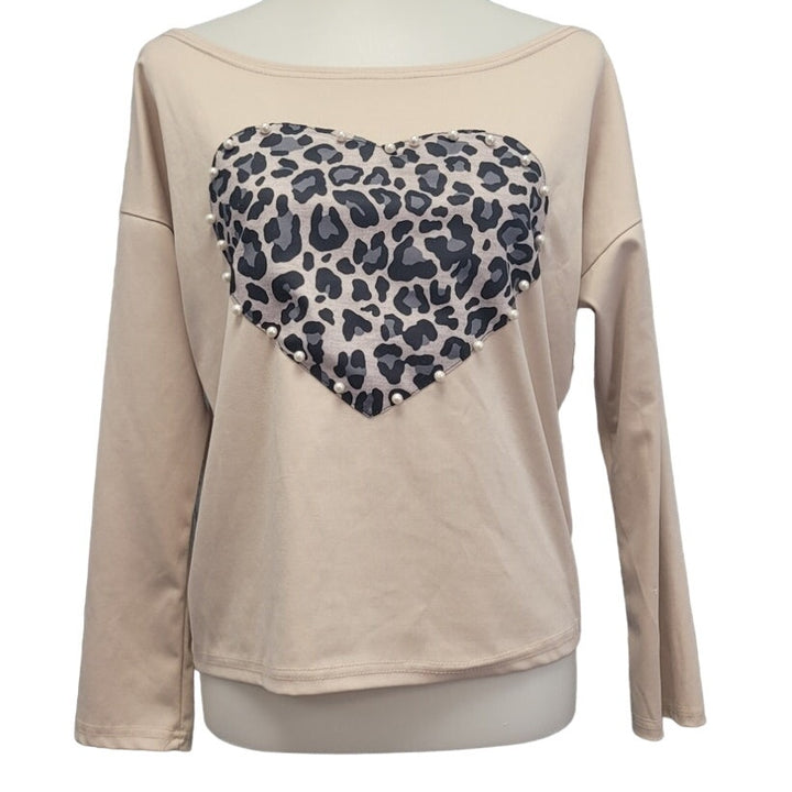 CBR Womens Small PolyCotton Long Sleeve Pearl Beads Leopard Print Heart Top