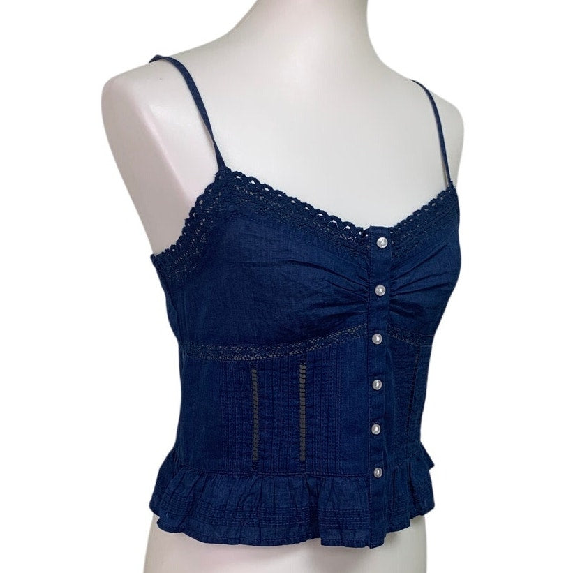 New American Eagle Womens XS Button Front Denim Blue Smocked Cami Top