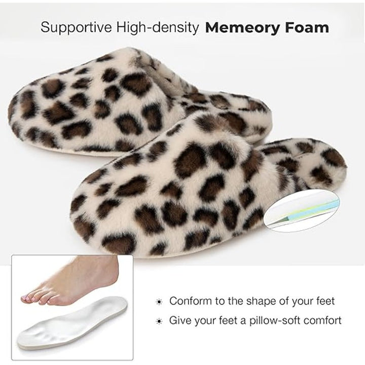 New Snug Leaves Womens 7/8 White Brown Leopard Spot Fuzzy Memory Foam Slippers