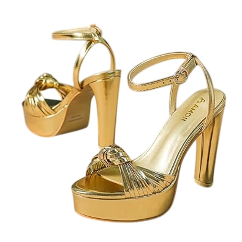 Amoji Womens Size 9.5 Gold 4" Block Heels Platform Braid Knot Ankle Strap Shoes